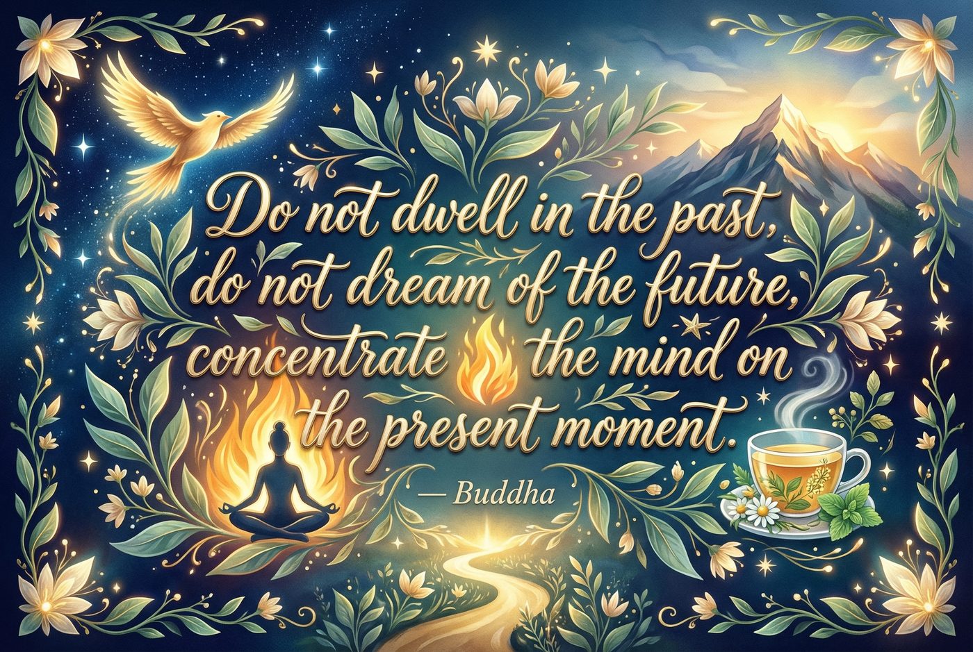 Mindfulness — Do Not Dwell in the Past — Buddha — Calm Yoga Herbal Tea inspirational print