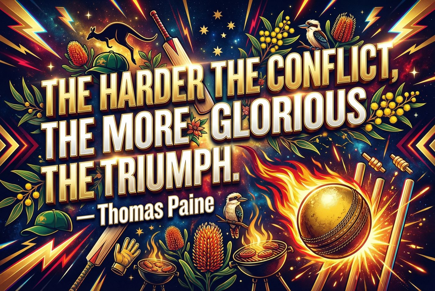 Patriotism — The Harder the Conflict the More Glorious the Triumph — Thomas Paine — Bold Australia Cricket inspirational print