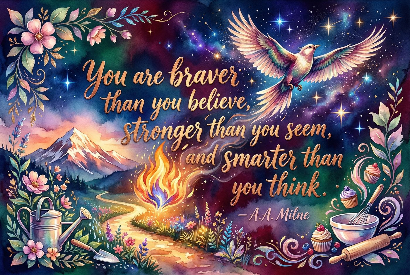Healing — You Are Braver Than You Believe — A.A. Milne — Watercolour Gardening inspirational print