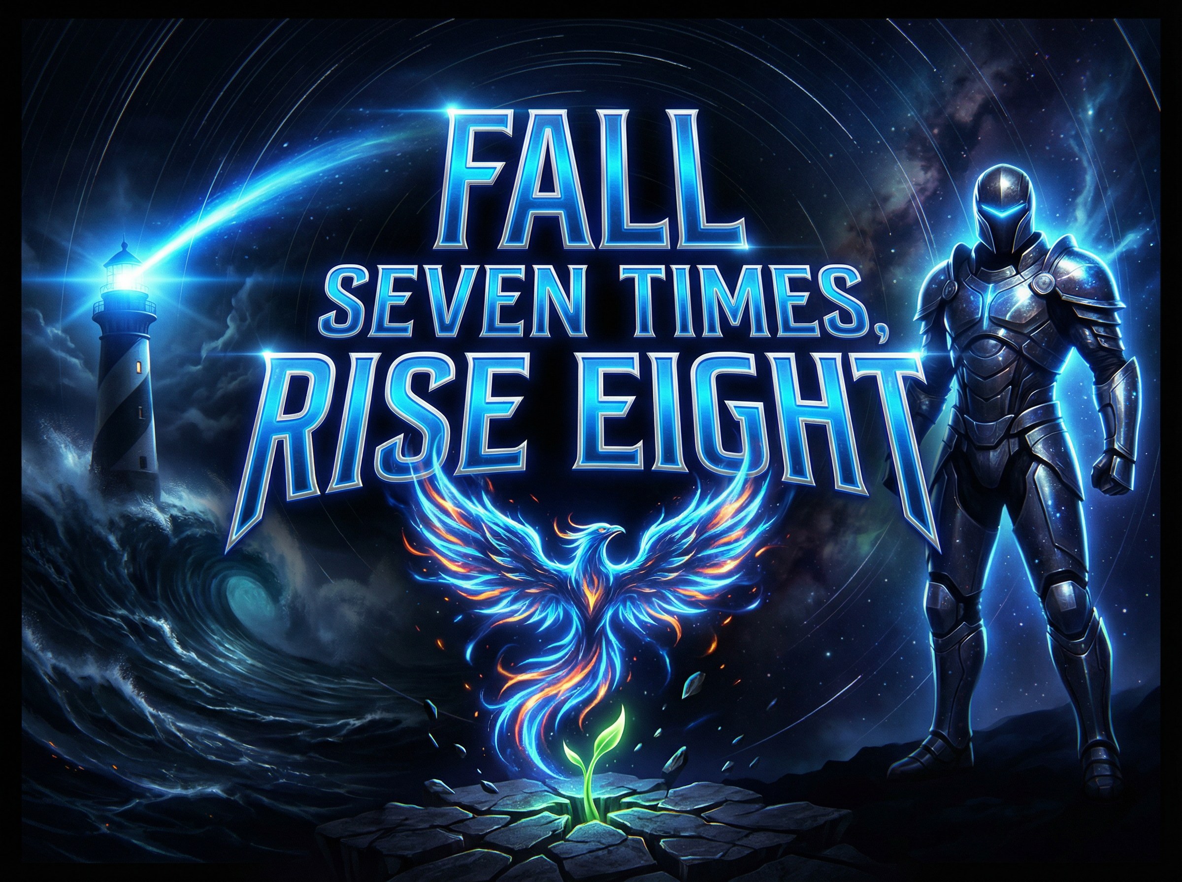 Resilience — Fall Seven Times Rise Eight — Dark Cosmic inspirational sign